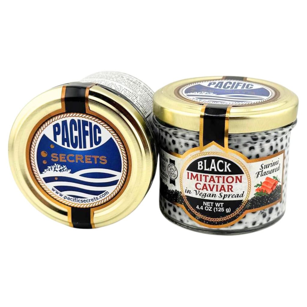 Pacific Secrets Black Imitation Caviar in Vegan Spread, Surimi Flavored, 4.4 oz glass jar